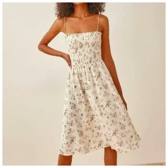 NWT Reformation Sable Smocked Tie Shoulder Carine Floral Cream Midi Dress XL - Picture 1 of 5